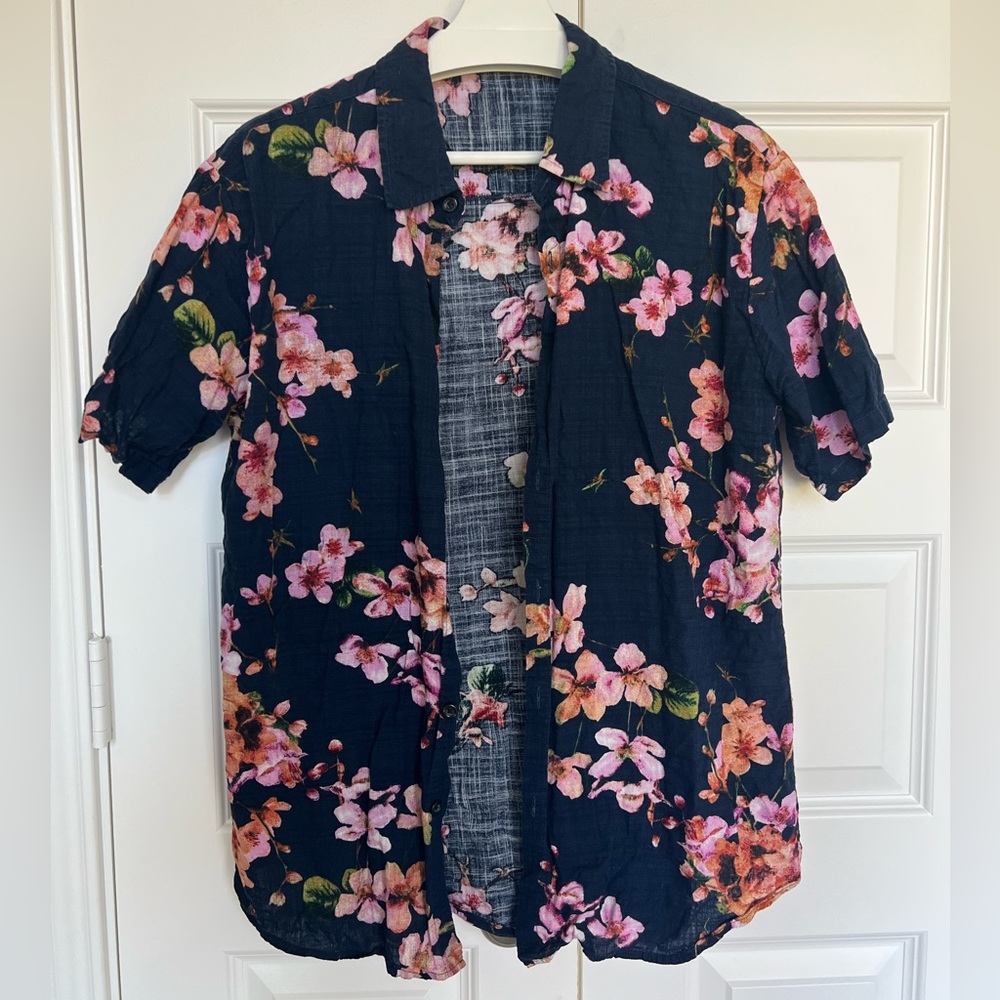 Jogal Navy Blue Hawaiian Shirt with Pink Sakura Print Size M